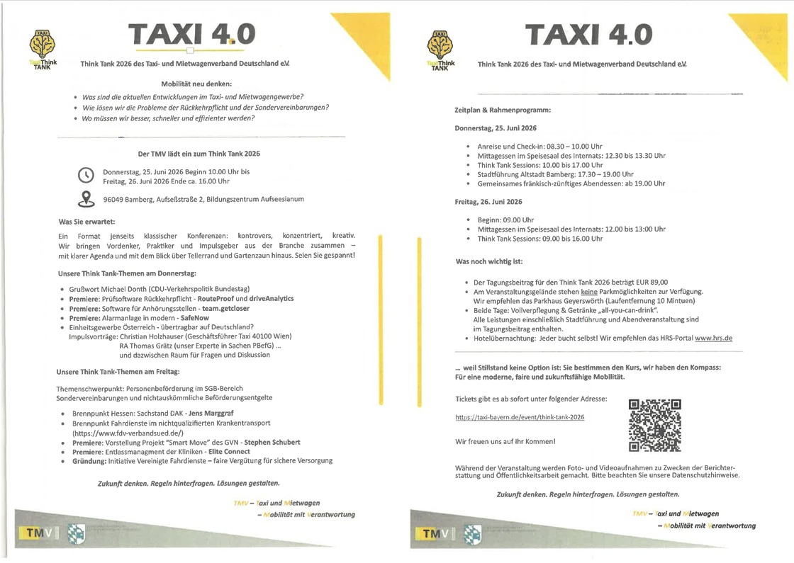 Anmeldung zum Think Tank des Taxi- und Mietwagenverband Deutschland (TMV)