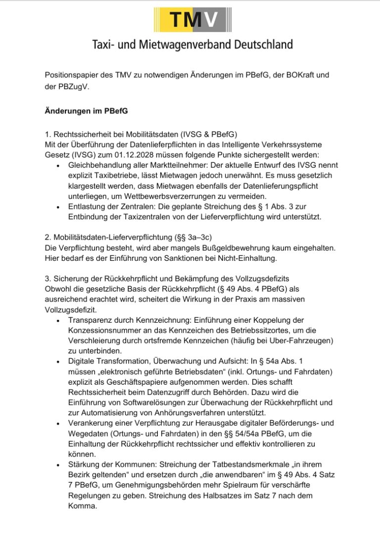 Forderung nach Fairness und Digitalisierung: Taxi- und Mietwagenverband Deutschland (TMV) legt Positionspapier zur Reform des Personenbeförderungsrechts vor